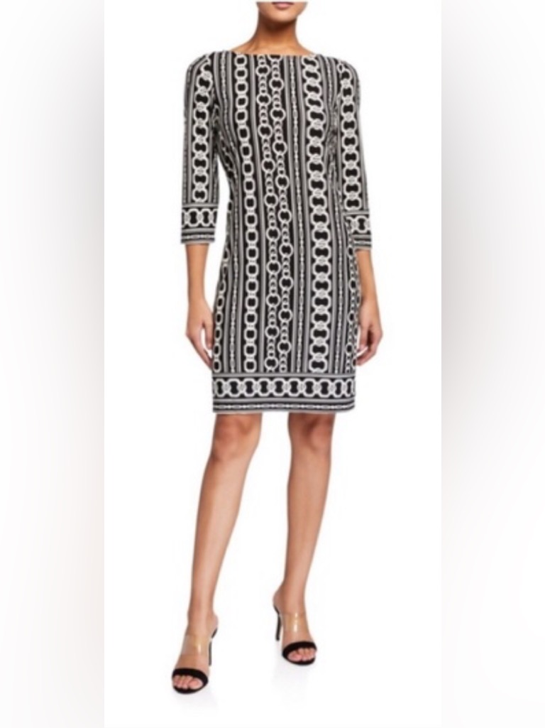Tiana B. Dress Black & White Chain Link Sheath 3/4 Sleeves Round Neck Euc Xl